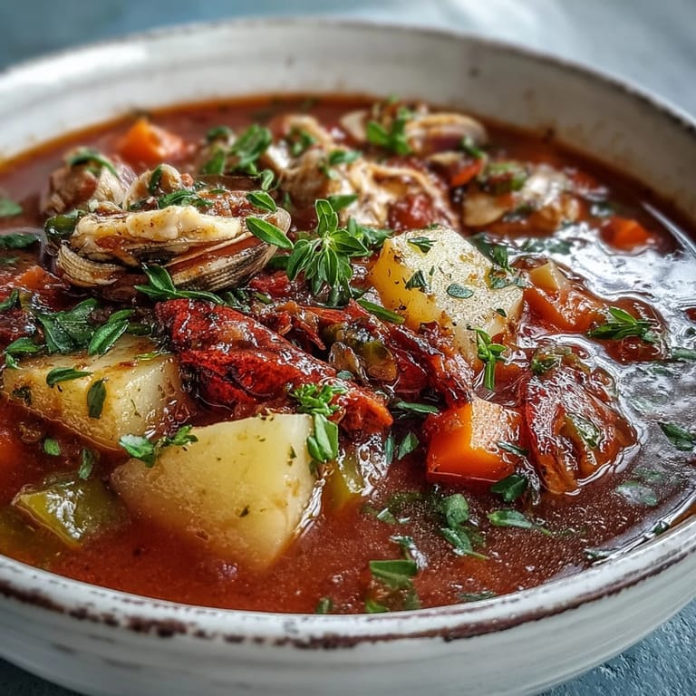 Close-up of savory Manhattan Clam Chowder with diced carrots and celery peeking through the vibrant, aromatic broth.