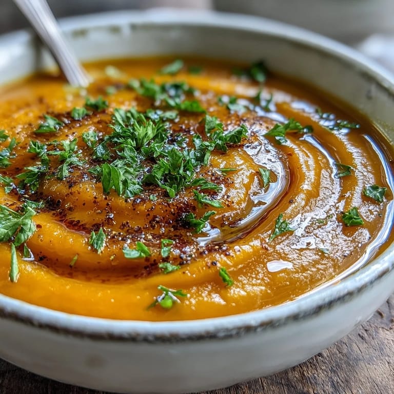 A spoon lifts creamy Carrot Ginger Soup from a rustic bowl, steam rising from the bright, velvety purée.