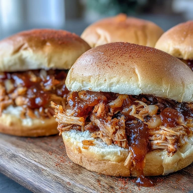 Applesauce pulled pork sandwiches on a rustic wooden table, showcasing tender pork, soft buns, and a side of apple cider glaze.