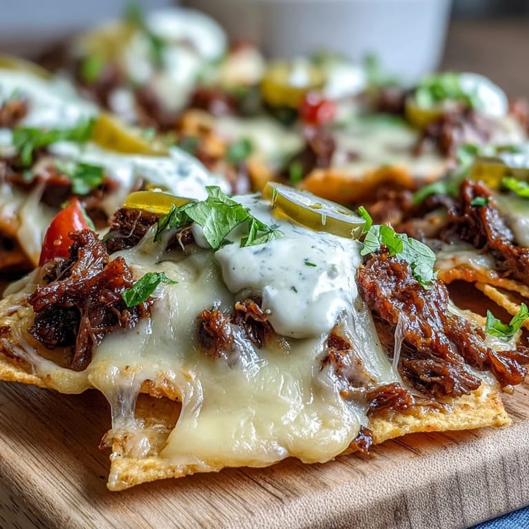 Golden, bubbly cheese on BBQ Beef Nachos served with creamy avocado and red onion for a game day snack.