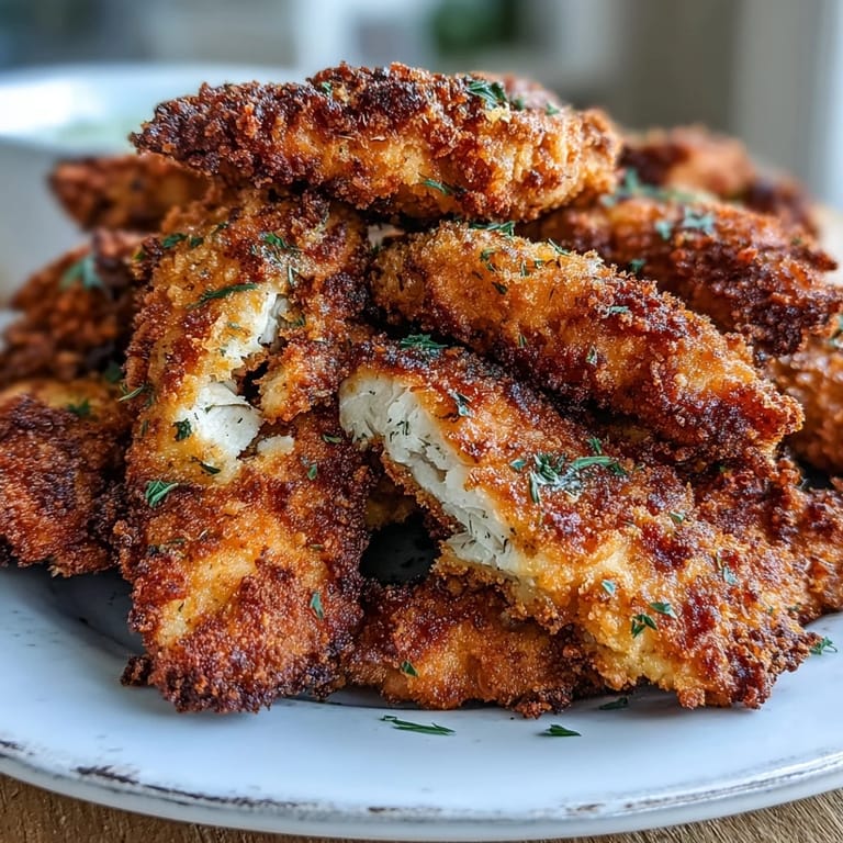 Freshly cooked air fryer chicken strips garnished with parsley, paired with sweet potato fries for a complete meal.