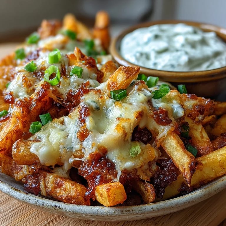 Freshly baked frozen fries loaded with gooey cheddar cheese, smoky BBQ spices, and sliced green onions for serving.