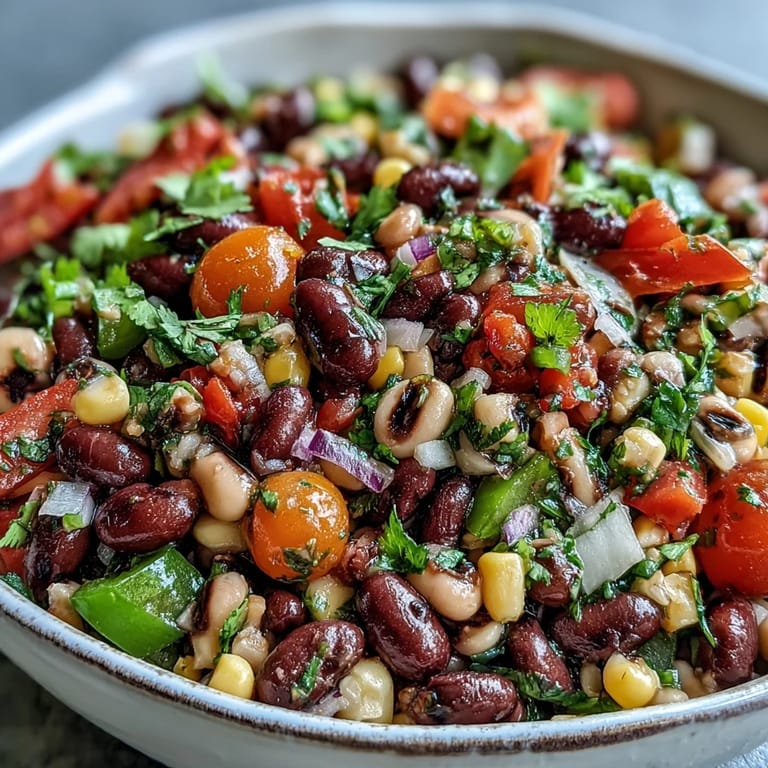 Vibrant Cowboy Caviar served with crispy tortilla chips, perfect for scooping at a backyard party or game day gathering.