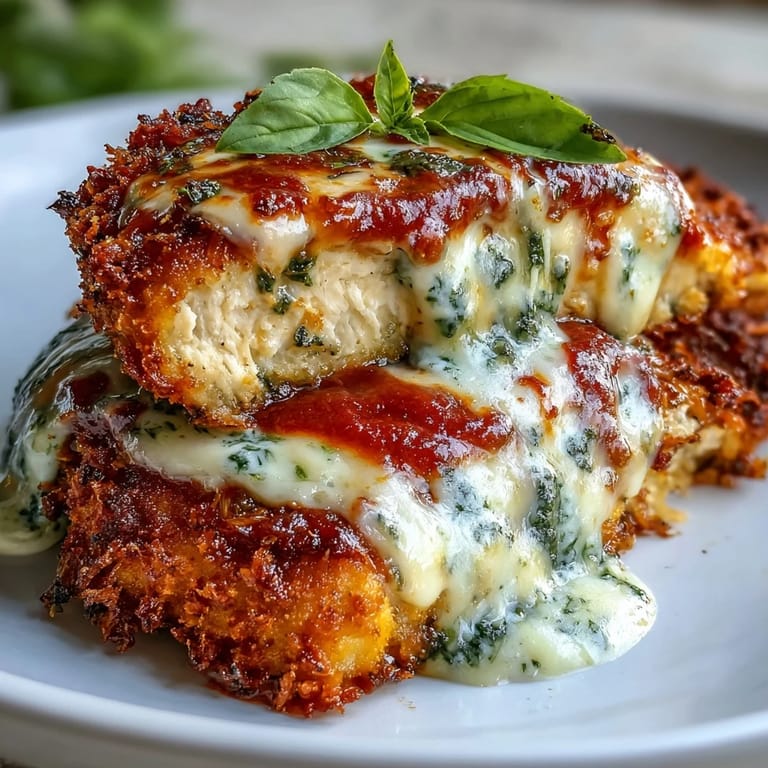 Close-up view of Pesto Chicken Parmesan revealing bubbly, golden Parmesan topping over layers of red sauce and pesto.