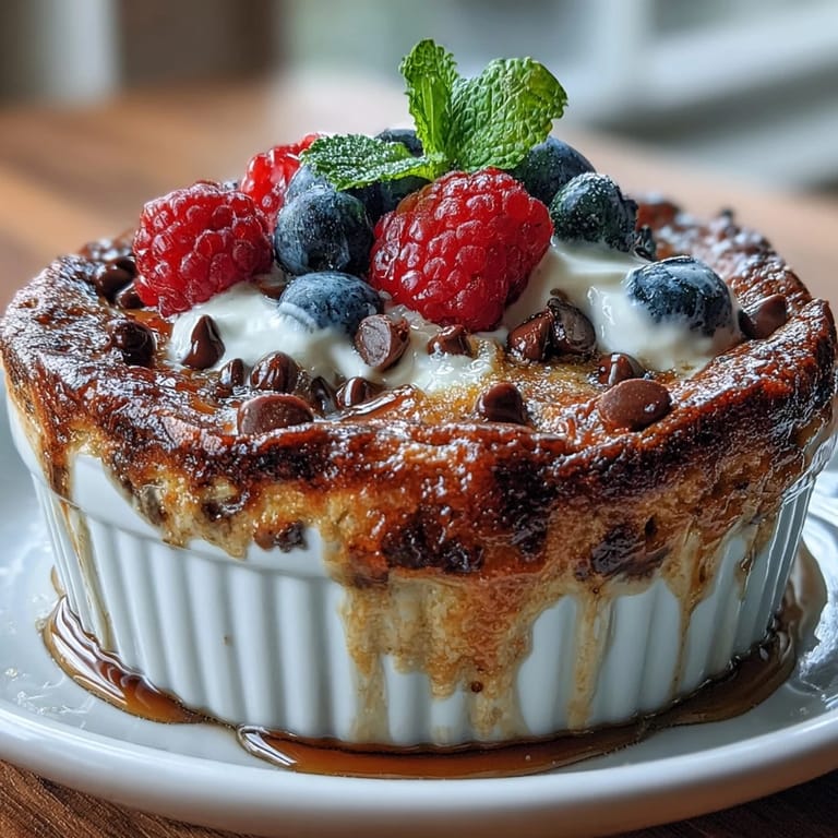 Steam rising from a single-serve Baked Protein Pancake Bowl, topped with peanut butter and fresh berries for a healthy breakfast.