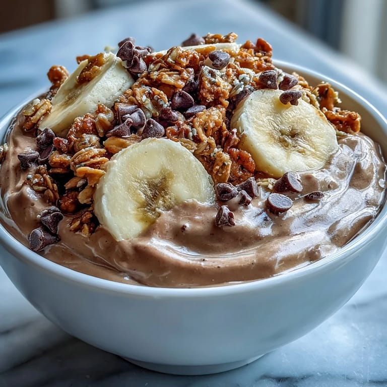 A close-up of Chunky Monkey Smoothie Bowls, thick and chocolatey, with fresh banana and maple cinnamon granola.