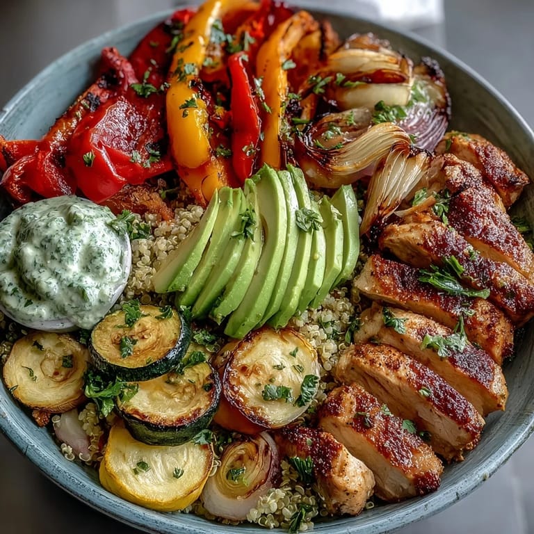 Family-style Paprika Roasted Vegetable Quinoa Bowl on a wooden table, topped with fresh parsley and ready to enjoy.