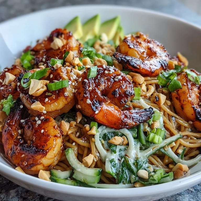 Overhead view of the Grilled Shrimp Asian Noodle Bowl, showcasing vibrant bean sprouts, chopped peanuts, and fresh lime wedges on the side.