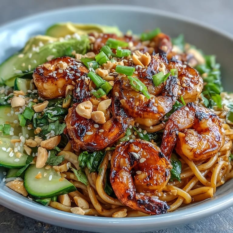 Top-down perspective of the Grilled Shrimp Asian Noodle Bowl, highlighting tossed noodles topped with shrimp, scallions, and cilantro garnish.