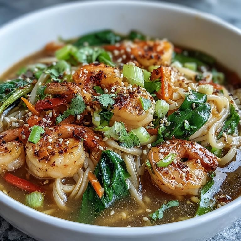 Sizzling seafood simmers in aromatic broth for an Asian noodle bowl garnished with sesame seeds, green onions, and cilantro.