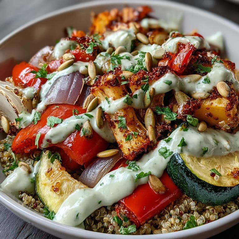Vibrant Roasted Vegetable Quinoa Bowl garnished with fresh parsley, showcasing golden roasted cherry tomatoes and fluffy quinoa for a wholesome dinner.