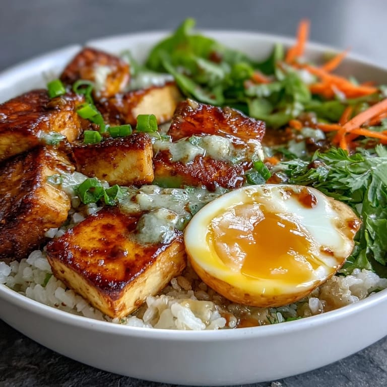 Vibrant Tofu Jammy Egg Breakfast Bowl topped with julienned carrots, cucumber slices, and a drizzle of ginger scallion sauce.