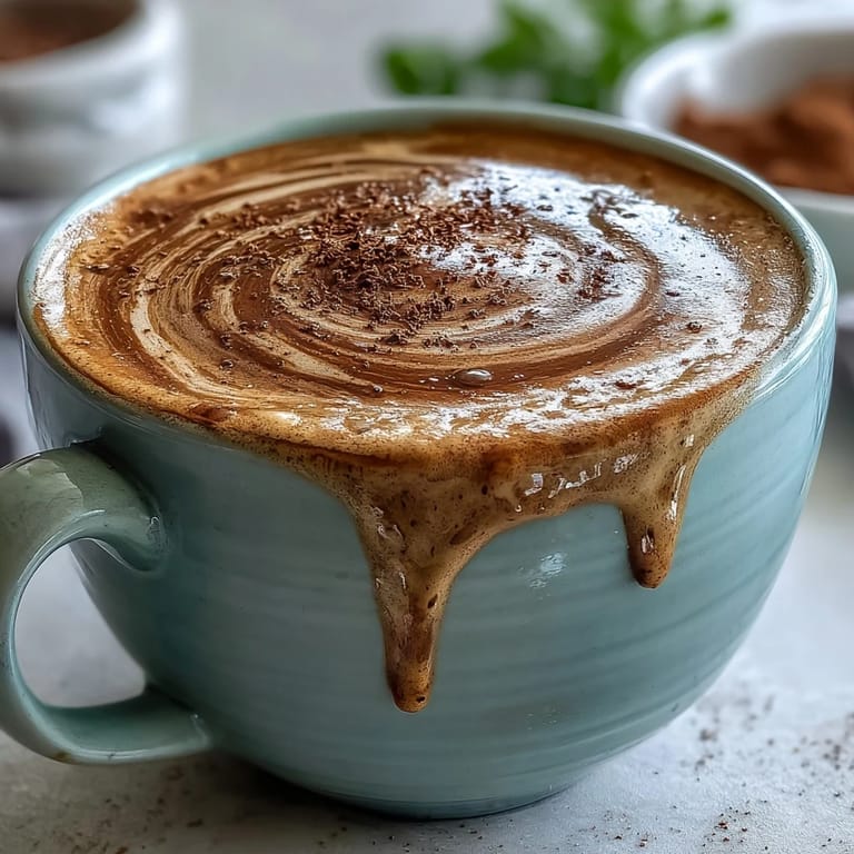 Roasted Hojicha Flat White in a white mug, topped with latte art and steam.