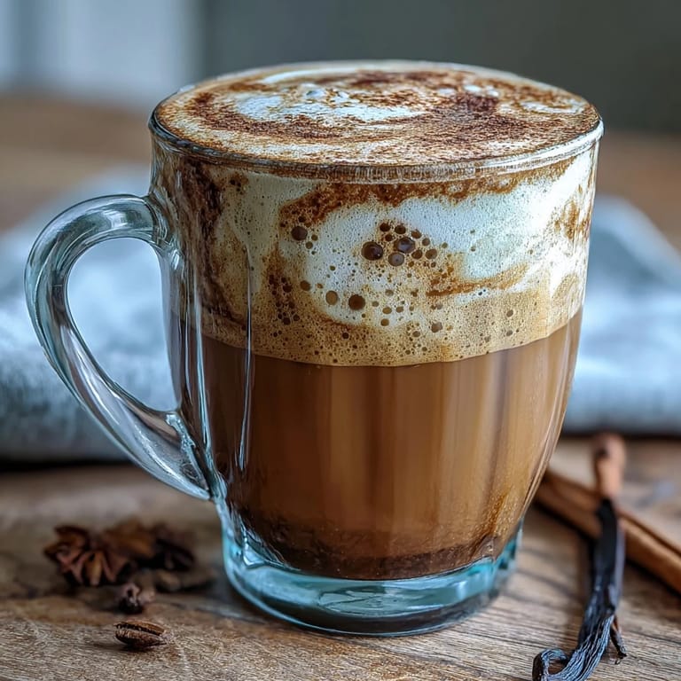 A cozy cup of Hojicha Latte with Vanilla Extract garnished with a vanilla bean pod, sitting beside roasted tea powder.