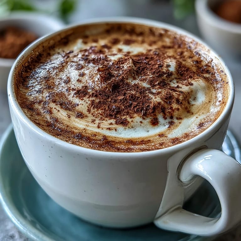 Two mugs of aromatic hojicha cappuccino served with steamed milk and a honey drizzle for added sweetness.
