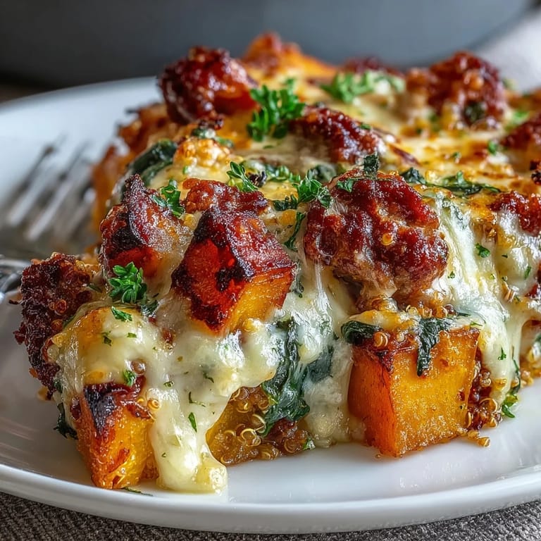 Cozy Butternut Squash & Sausage Casserole served in a dish, garnished with fresh parsley and ready for a cozy dinner.