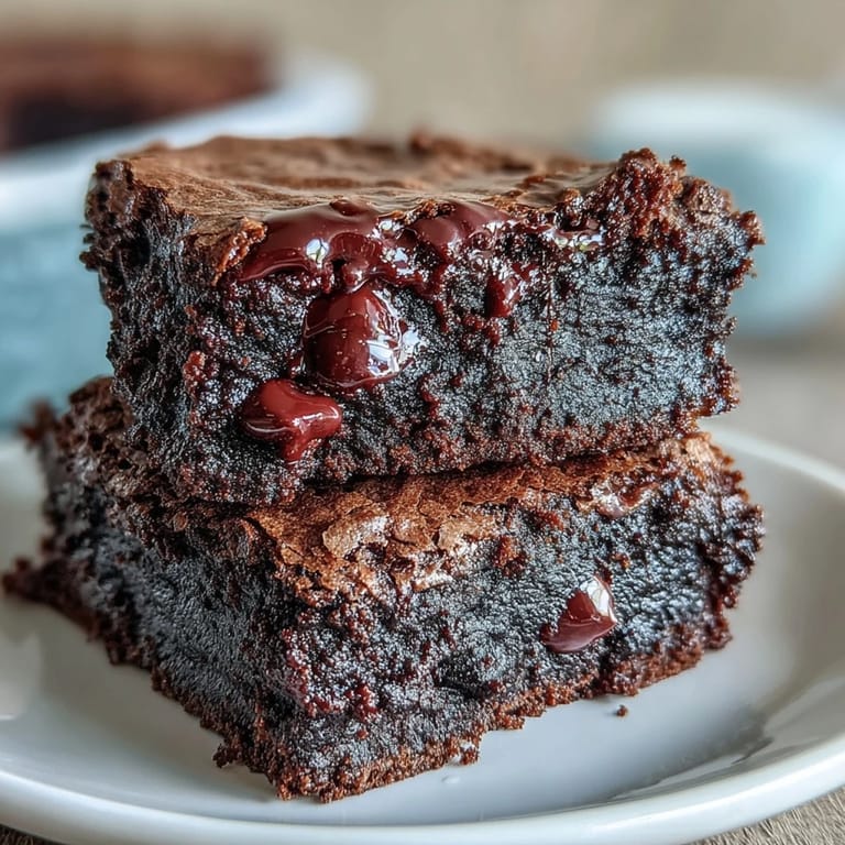 A hand holding a single square of Greek Yogurt Brownies, revealing a moist, rich interior with visible almond flour and a melted dark chocolate chip.