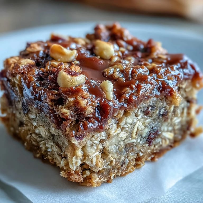 A square Baked Oatmeal Bar shows a soft, moist interior packed with oats and ripe banana for a healthy breakfast.