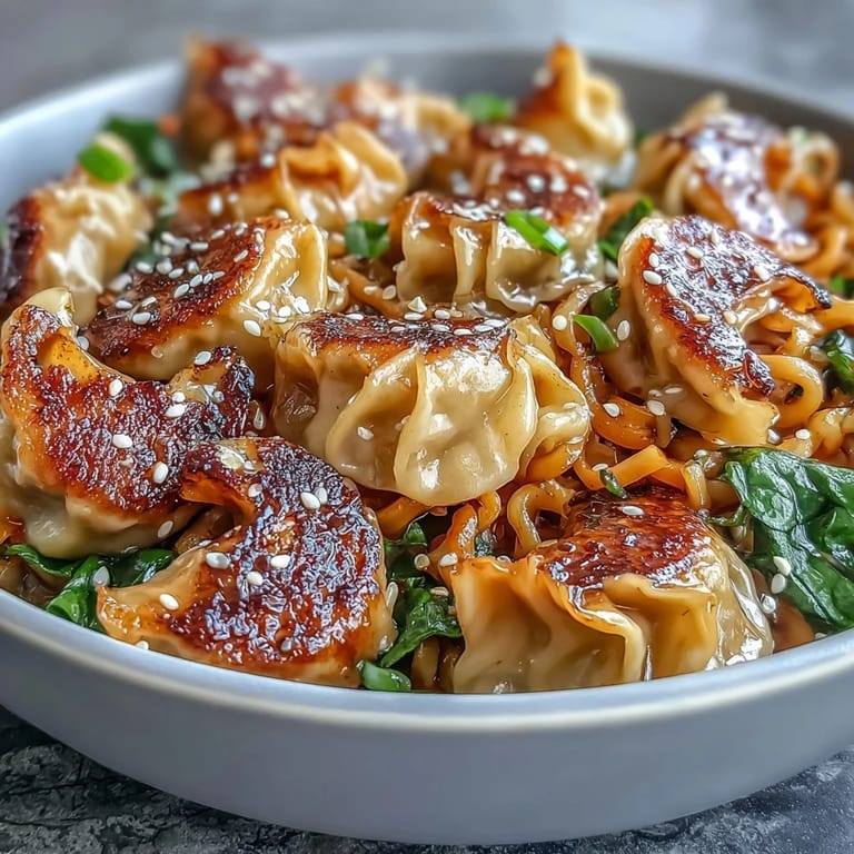 Close-up of colorful Potsticker Noodle Bowls with carrots, cabbage, and green onions.