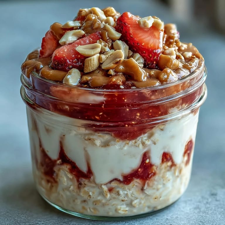 This creamy jar of High-Protein Peanut Butter & Jelly Overnight Oats is topped with crushed peanuts and vibrant jam swirls.