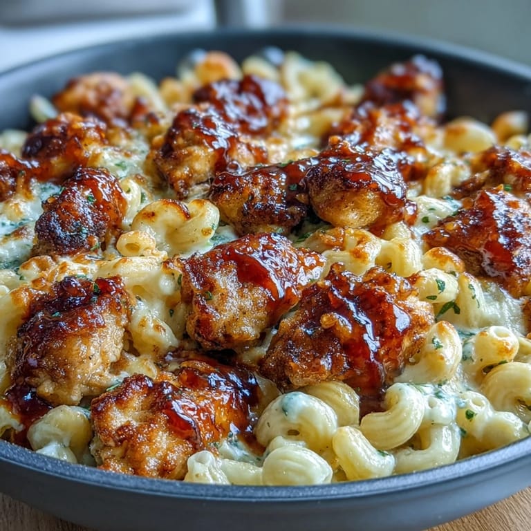 A single skillet holds cheesy honey BBQ chicken pasta, garnished with parsley and ready to serve.