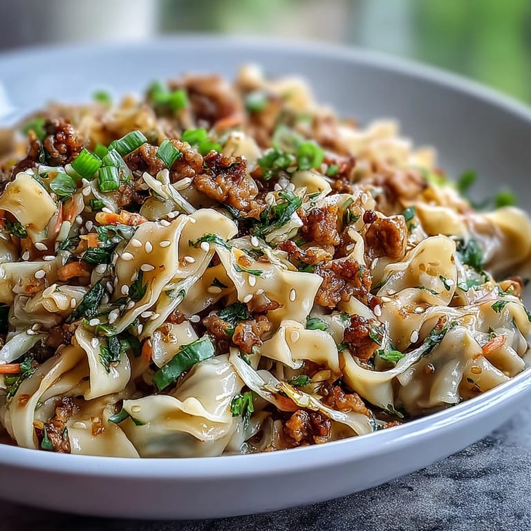 Quick weeknight Creamy Potsticker Noodle Stir-Fry with ramen noodles, scallions, and vibrant vegetables on a ceramic plate.