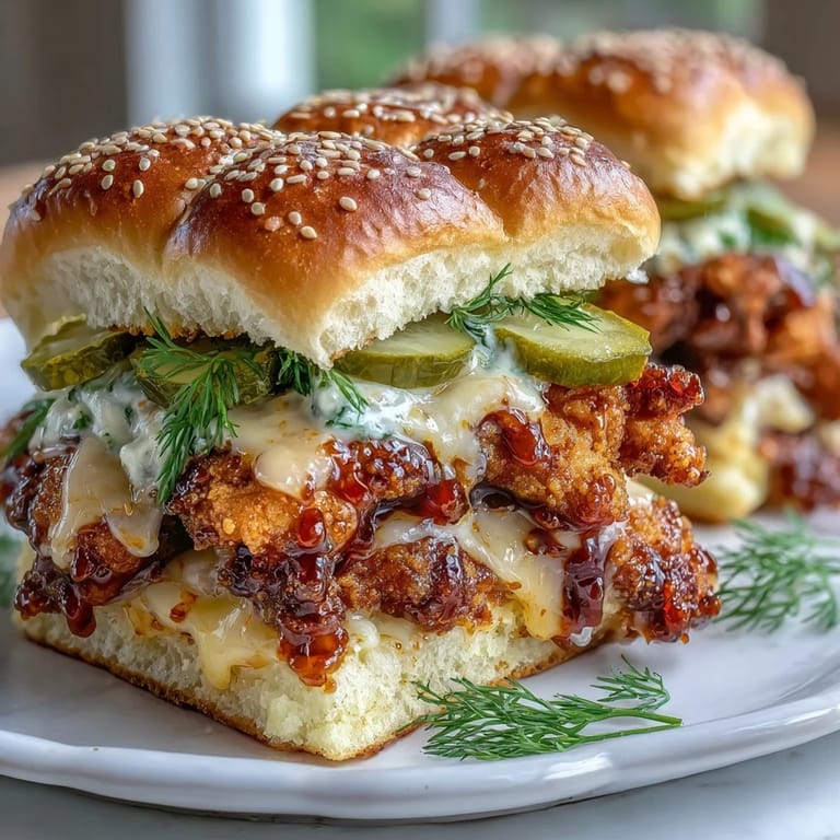 A close-up of the Spicy Honey Butter Chicken Sandwich Bake shows melted cheese and toasted sesame bun tops, ready to be pulled apart for a delicious game day appetizer.