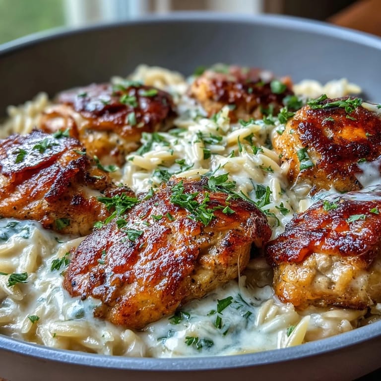 One-Pot Creamy Garlic Parmesan Chicken Orzo showcases tender orzo and spinach in a rich, skillet-cooked dinner.