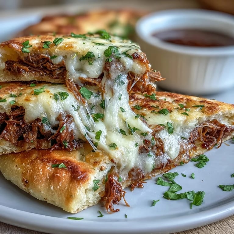 Freshly broiled naan bread cradles tender shredded beef and melted mozzarella. A savory, golden-brown sandwich inspired by French dip and Indian flavors.