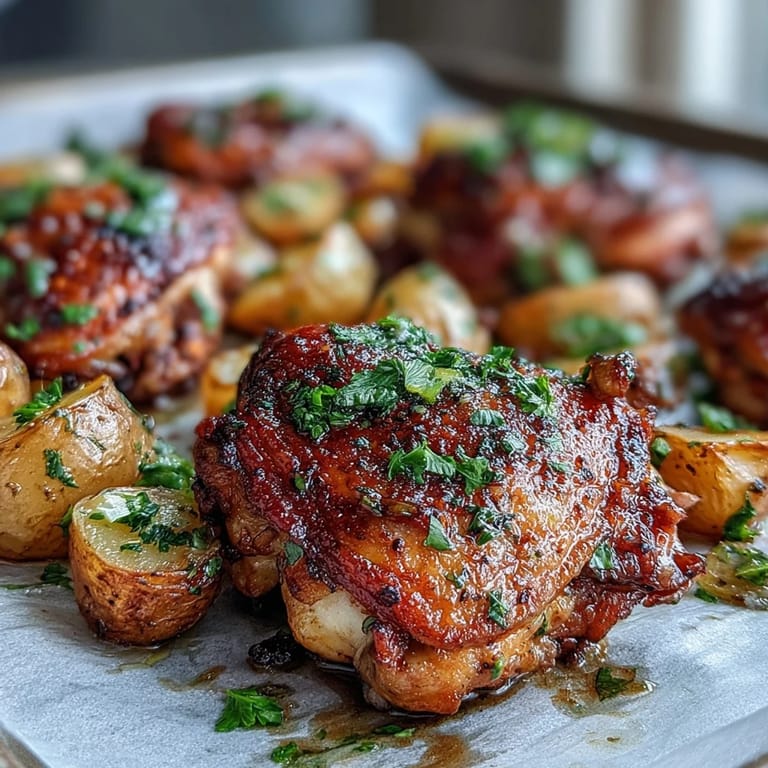 Ranch-seasoned chicken thighs with carrots and potatoes roasted until caramelized, garnished with fresh parsley on a parchment-lined tray.