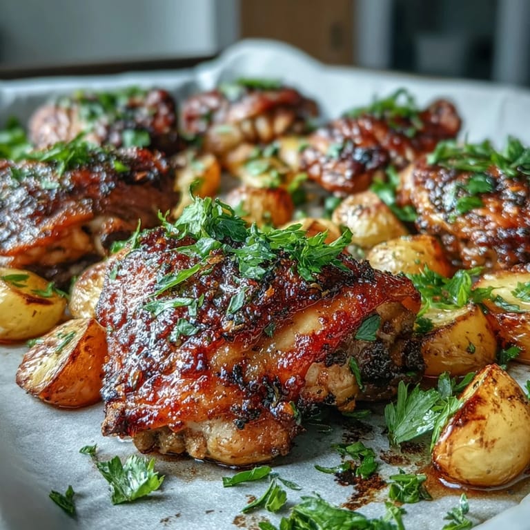 A close-up of juicy, bone-in chicken thighs with crispy skin alongside sweet carrots and golden potatoes, baked on one sheet.
