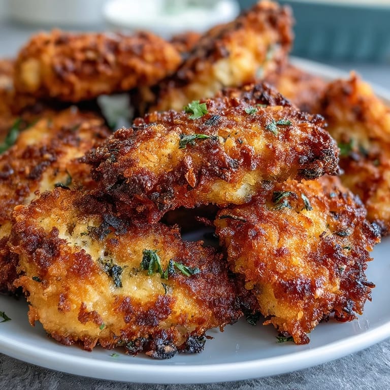 Crisp, cheesy Asiago Panko Chicken Bites arranged over a fresh green salad.