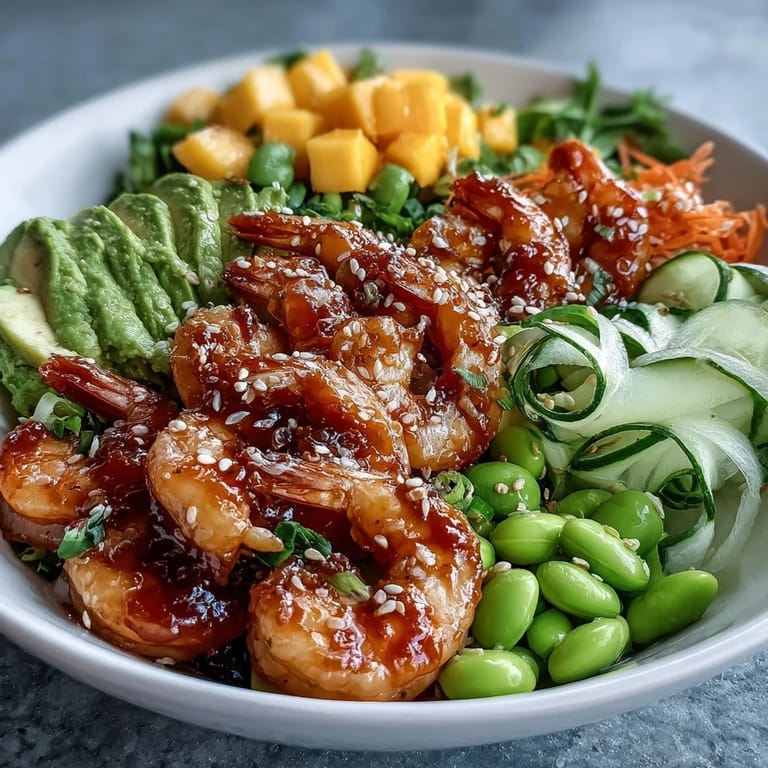 A vibrant, low-calorie 20-Minute Shrimp Poke Bowl with Mango and Edamame topped with edamame, cucumber, and carrot, served with lime wedges for a zesty finish.