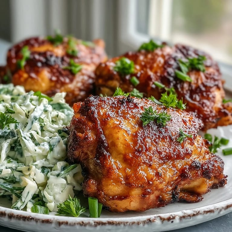 Freshly tossed Keto Crispy Chicken Thighs paired with vibrant green and red cabbage slaw and melted lemon butter dressing.