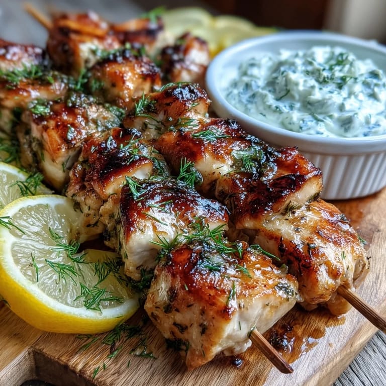 Close-up of Light Lemon Herb Chicken Skewers with Tzatziki, showing juicy white meat and creamy cucumber sauce next to bright lemon wedges.