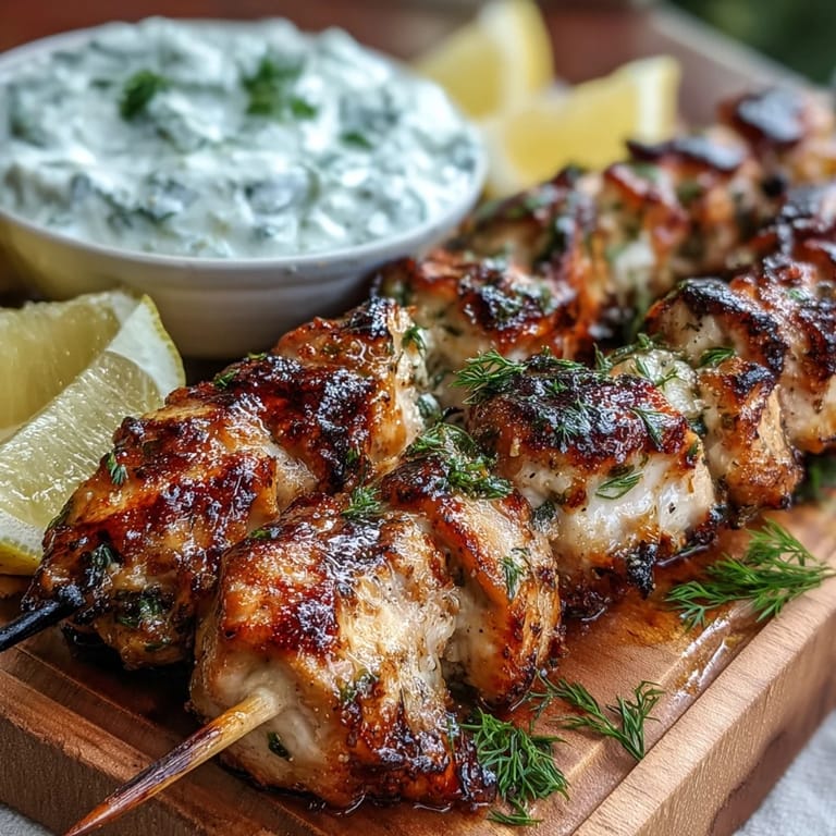 Overhead view of Light Lemon Herb Chicken Skewers with Tzatziki served over salad greens, a colorful and healthy summer dinner plate.