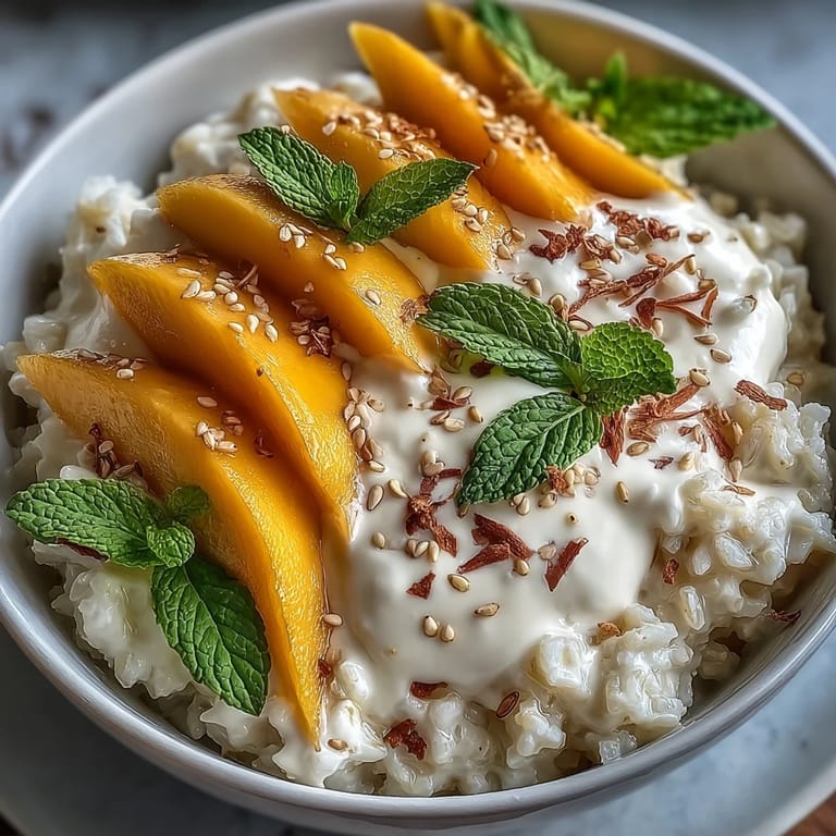 Bright golden mango slices and fluffy coconut sticky rice are served in bowls, perfect for a gluten-free vegan breakfast.