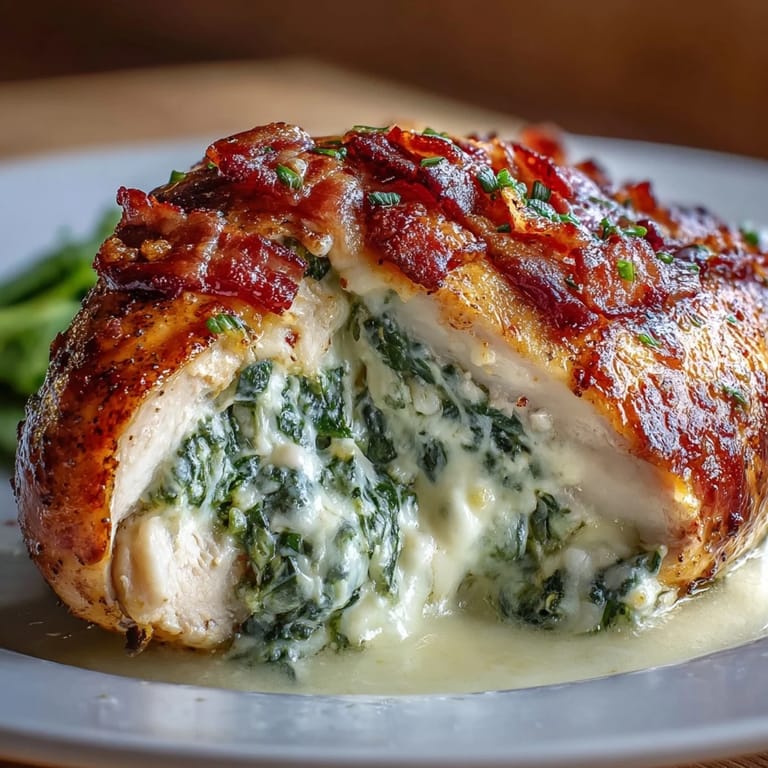 Freshly baked Keto Spinach and Bacon Stuffed Chicken Breasts garnished with parsley on a rustic wooden serving board.