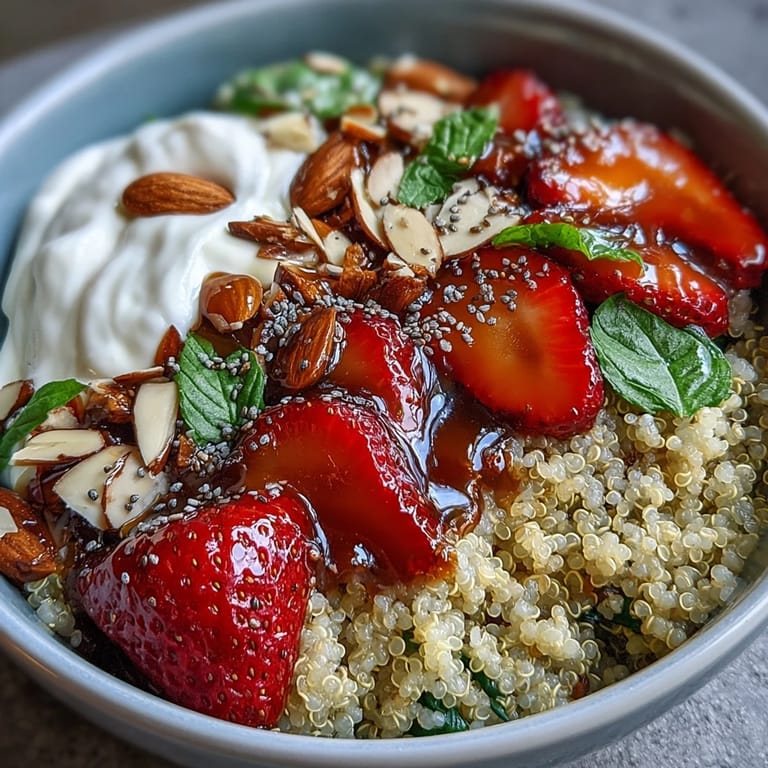 Top-down view of a Strawberry Basil Breakfast Quinoa Bowl with chia seeds, fresh herbs, and agave syrup drizzle.