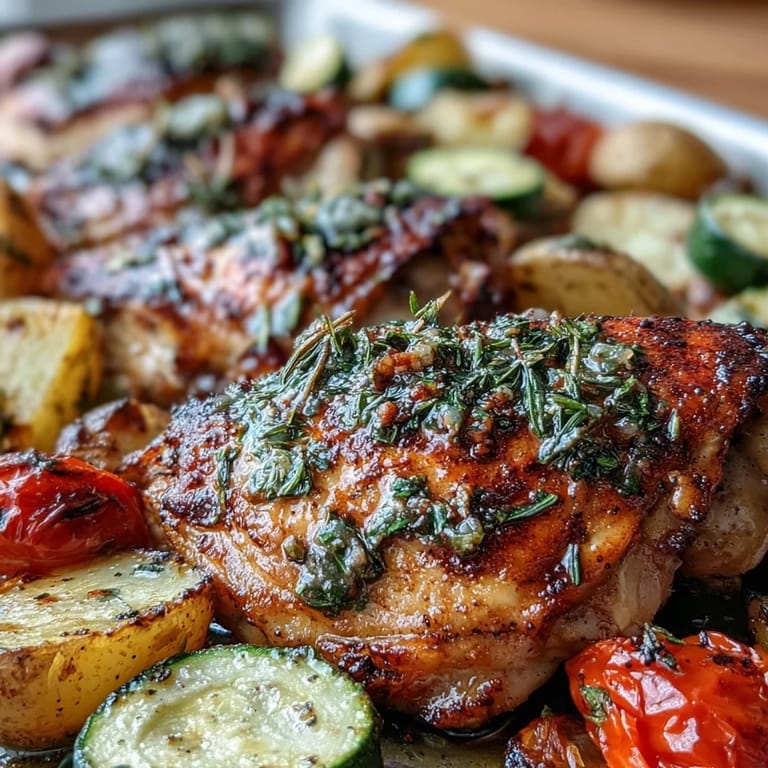 Delicious sheet pan Mediterranean chicken featuring lemon-infused chicken thighs, roasted zucchini, and golden potatoes with fresh herbs.