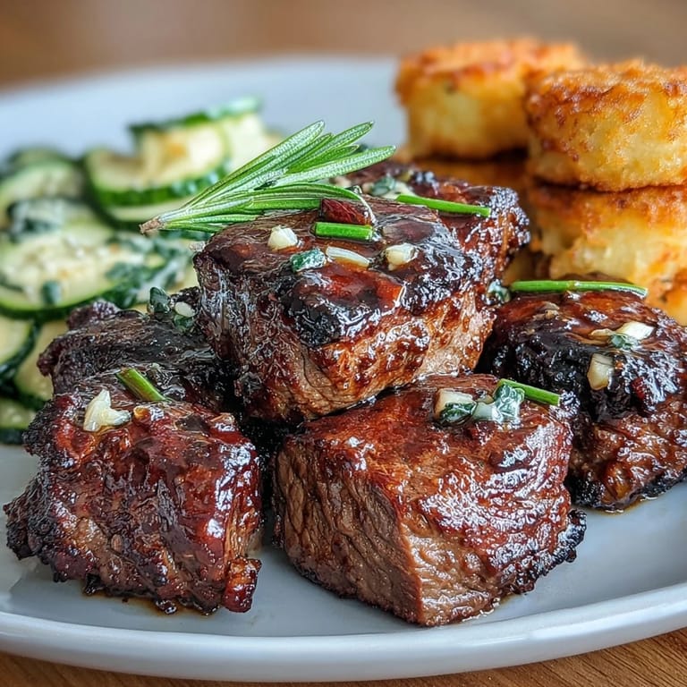 Crispy almond flour avocado fries served alongside tender steak cubes in a rich garlic butter sauce and light zucchini ribbons.  