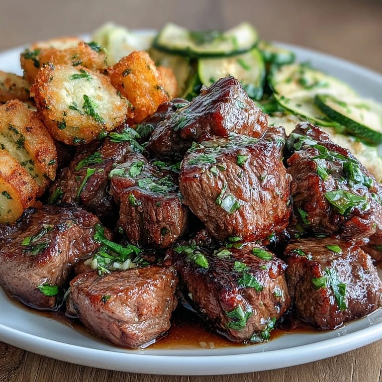 Succulent sirloin steak bites tossed in garlic butter, accompanied by crunchy avocado fries and refreshing lemon-dressed zucchini ribbons.