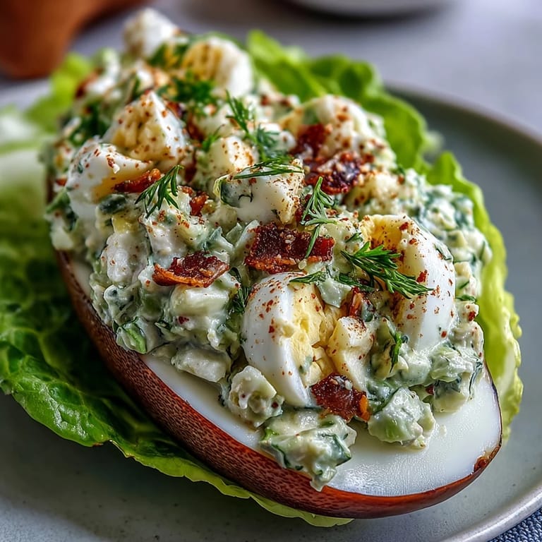Ingredients for keto avocado egg salad being mixed in a bowl.