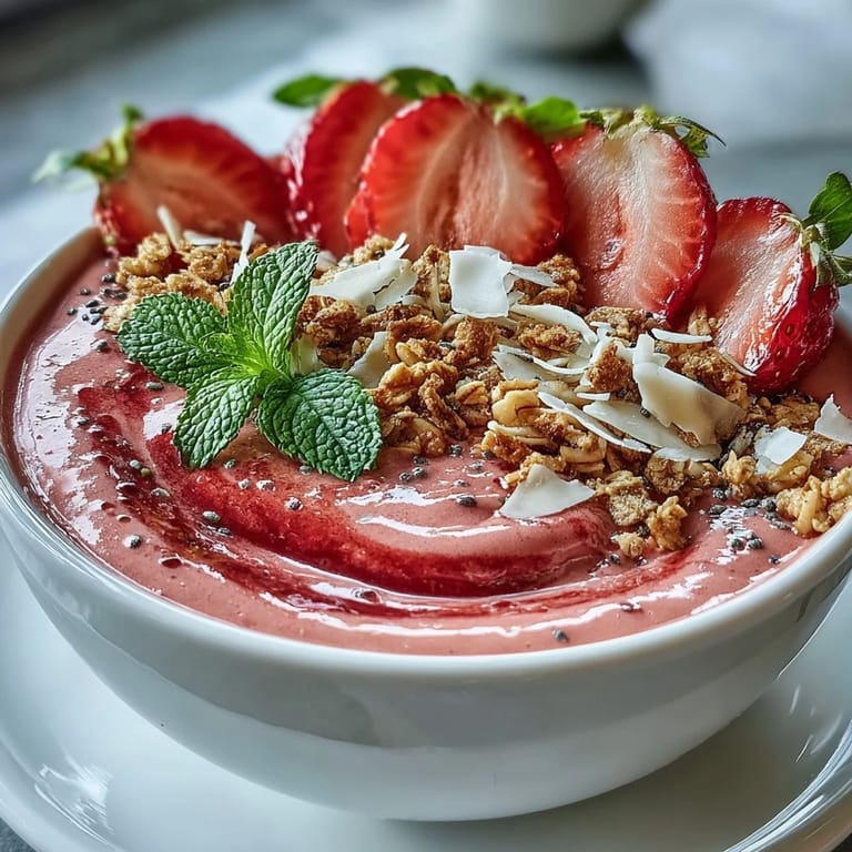 Vibrant Strawberry Protein Smoothie Bowl with Hidden Cauliflower Cream, topped with sliced strawberries, seeds, and coconut for a nutrient-rich morning treat.