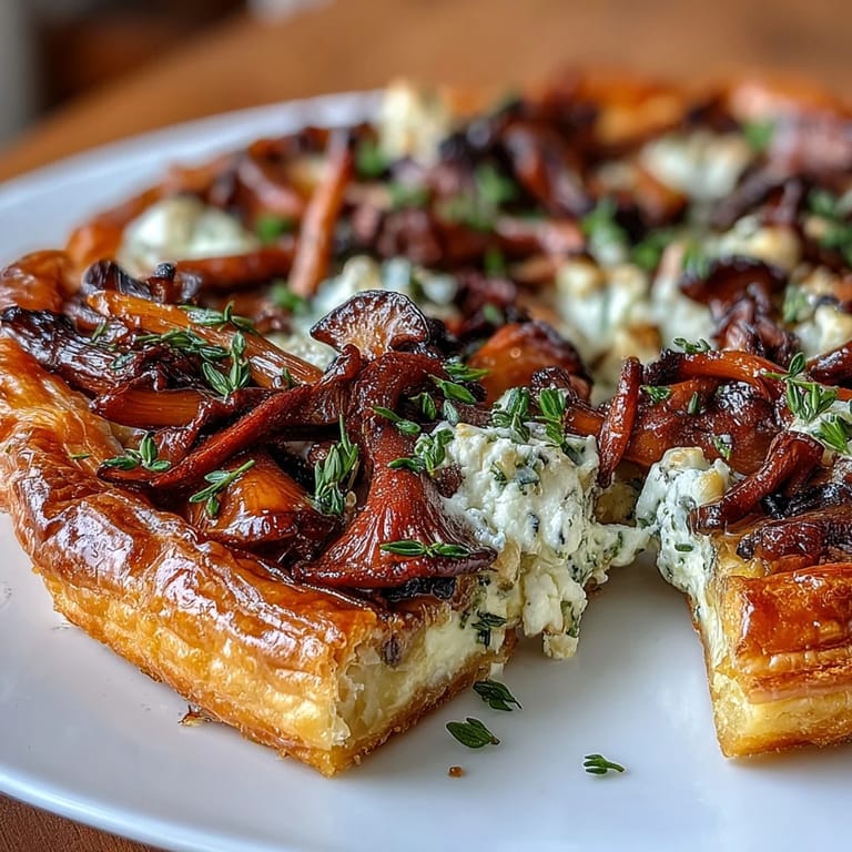 Elegant wild mushroom tart featuring a medley of sautéed mushrooms, flaky pastry, and tangy goat cheese crumbles, ideal for brunch.  