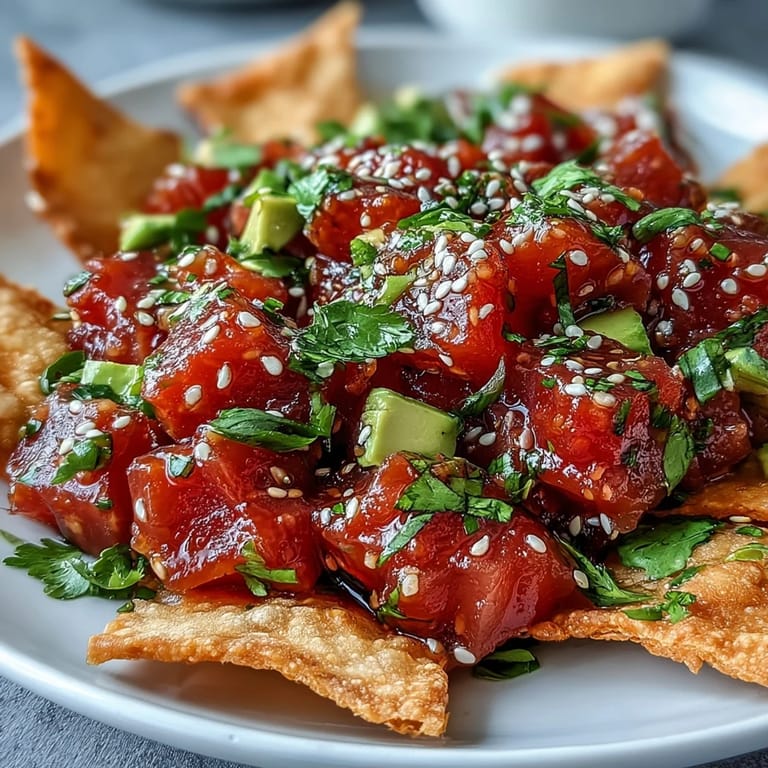 Zesty tuna tartare appetizer featuring fresh sushi-grade tuna, lime, and sesame, paired with crunchy fried wonton triangles.