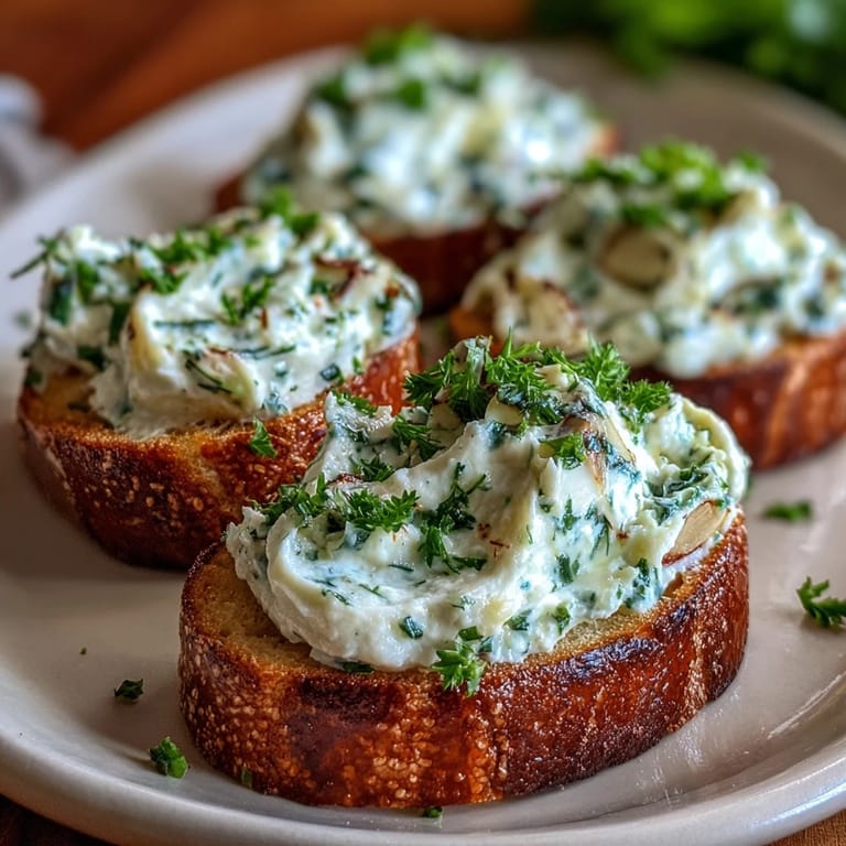 Rich garlic herb butter spread served with crisp crostini, ideal for entertaining or casual snacking.