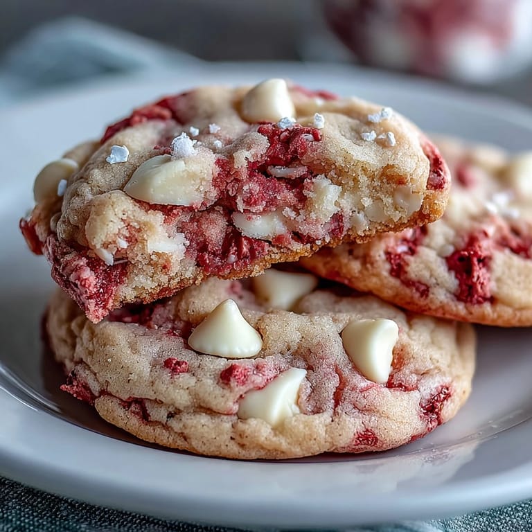 Close-up of homemade Valentine strawberry white chocolate cookies, perfect for sharing with loved ones on a special day.