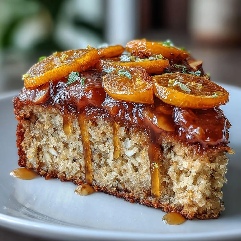 Rich almond cake infused with orange zest, beautifully garnished with candied orange slices.