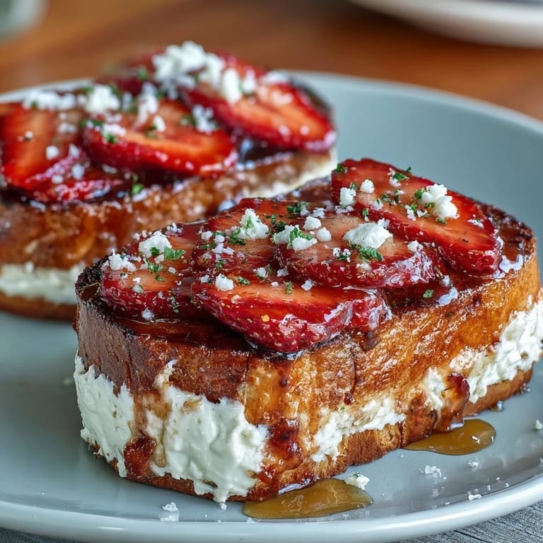 Vibrant strawberry ricotta toast garnished with mint leaves, flaky sea salt, and black pepper, served as a festive Galentines treat.